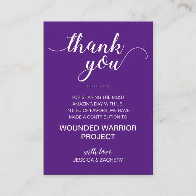 Purple In Lieu Of Favours Charity Donation Wedding Place Card (Front)