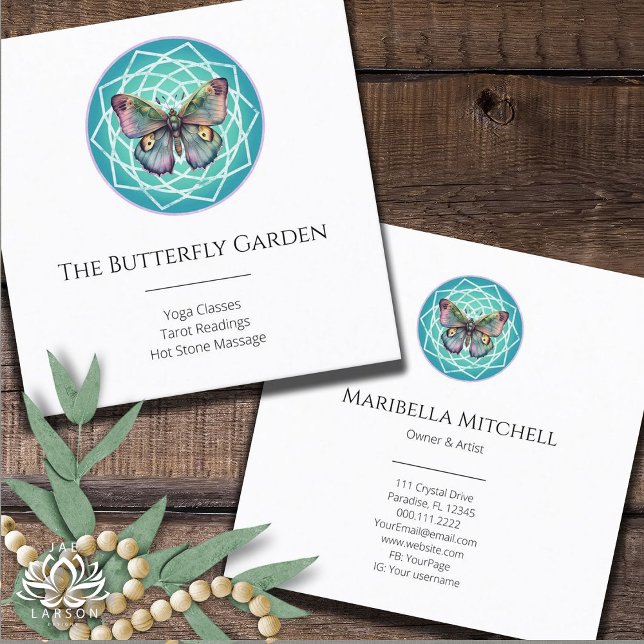 Purple Indigo Butterfly Mystical Mandala Turquoise Square Business Card (Creator Uploaded)