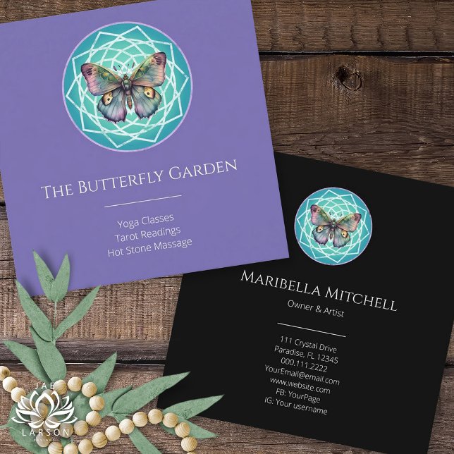Purple Indigo Butterfly Mystical Mandala Turquoise Square Business Card (Creator Uploaded)