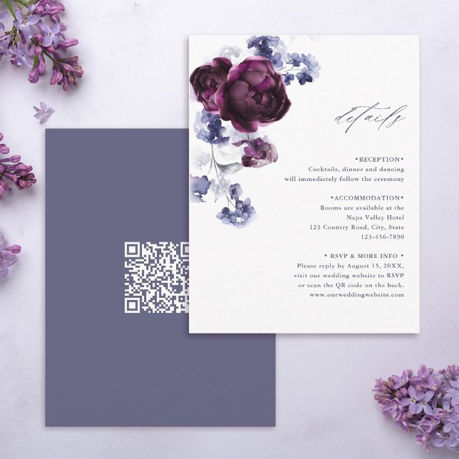 Purple & Indigo Floral QR Code Wedding Details  Enclosure Card (Front & Back)