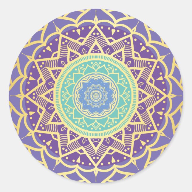 Purple Indigo Gold Turquoise Mandala Bohemian Classic Round Sticker (Front)