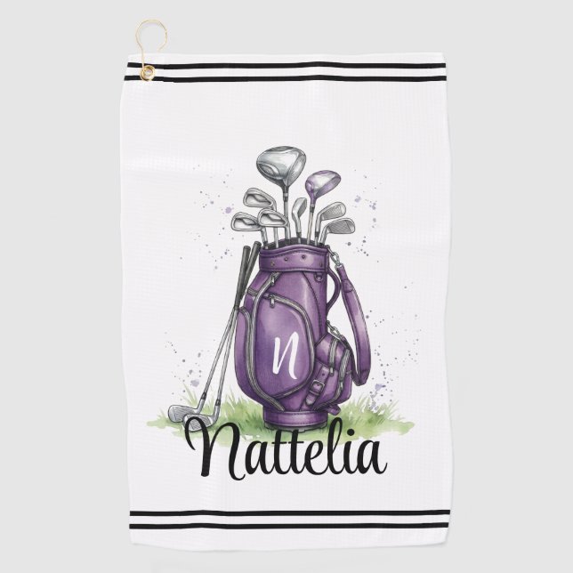 Purple Initial Name Monogram Golf Towel (Front)