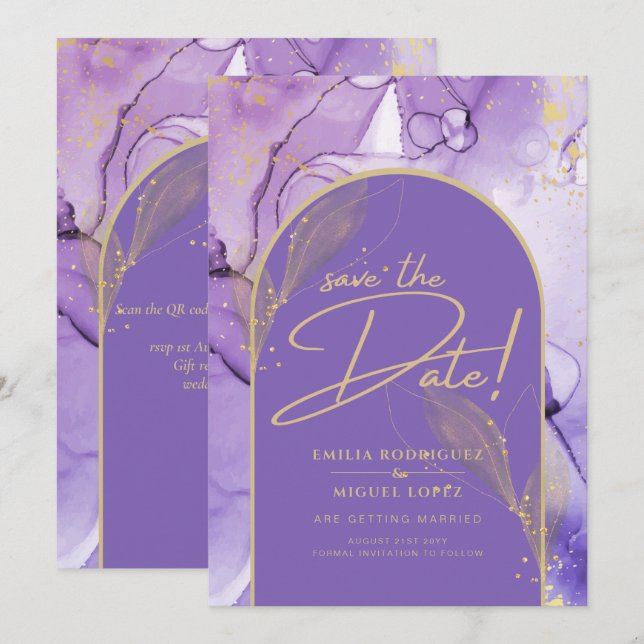 Purple Ink Lavender and Gold Purple Save The Date Invitation (Front/Back)