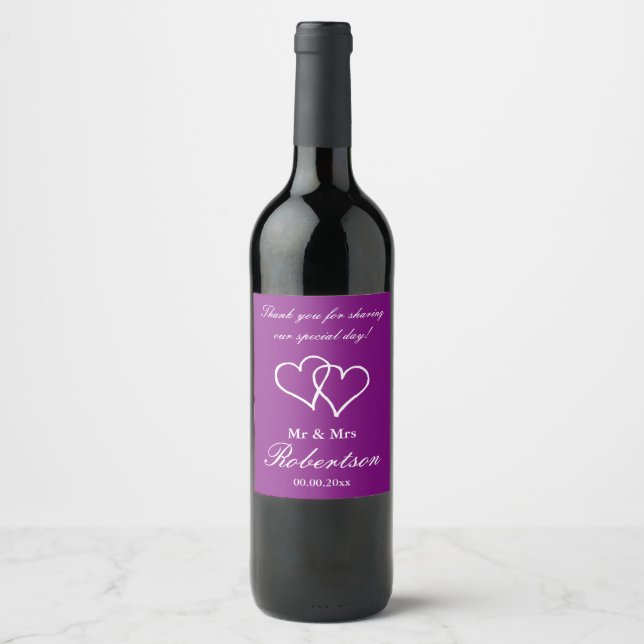 Purple interlocking hearts personalised wedding wine label (Front)