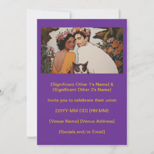 Purple interracial couple floral art with cat invitation