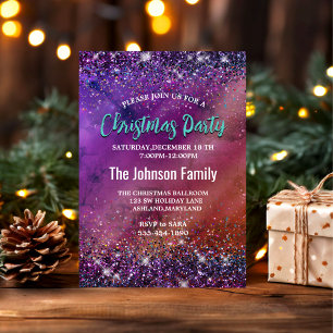 Purple iridescent brushed metal glitter Christmas  Invitation