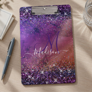 Purple iridescent brushed metal glitter monogram clipboard