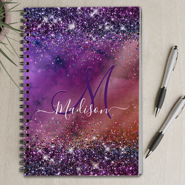 Purple iridescent brushed metal glitter monogram n notebook (Creator Uploaded)