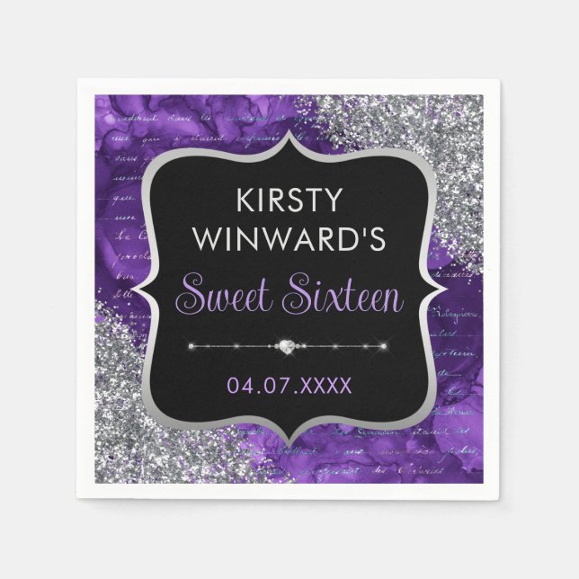 Purple Iridescent Glitter Mermaid Letters Sweet 16 Napkin (Front)