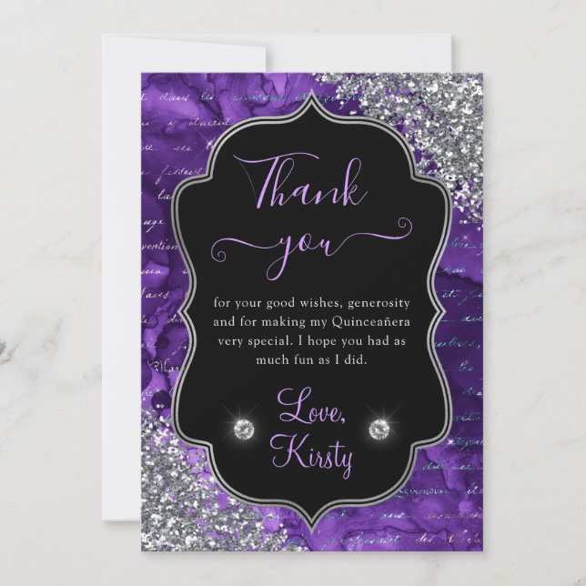 Purple Iridescent Mermaid Letters Quinceanera Thank You Card (Front)