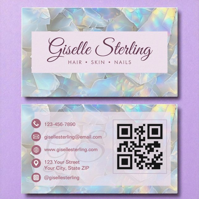 Purple Iridescent Opal Stone QR Code Lavender Business Card (Creator Uploaded)