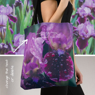 Purple iris after rain tote bag