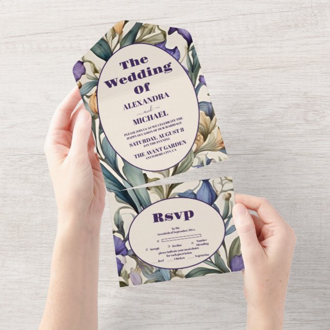 Purple Iris Art Nouveau Wedding All In One Invitation (Tearaway)