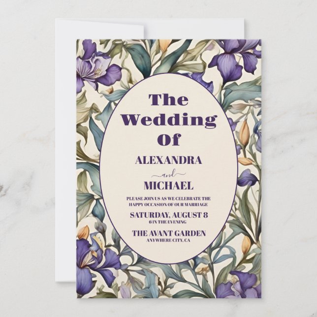 Purple Iris Art Nouveau Wedding Invitation (Front)