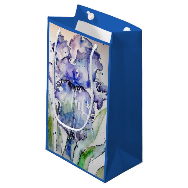 Purple Iris Art Watercolour Birthday Navy Blue Small Gift Bag (Front Angled)