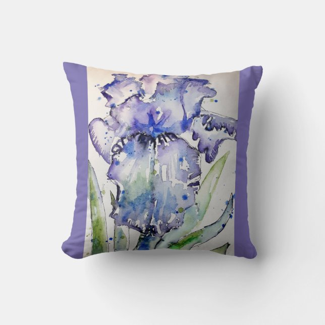 Purple Iris art Watercolour Flower floral Cushion (Front)