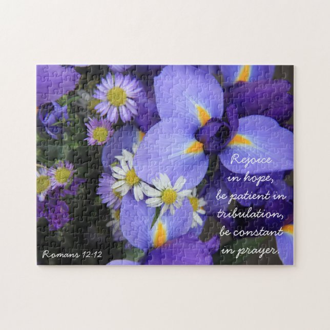 Purple Iris, Bible Verse about Hope, Romans 12:12 Jigsaw Puzzle (Horizontal)