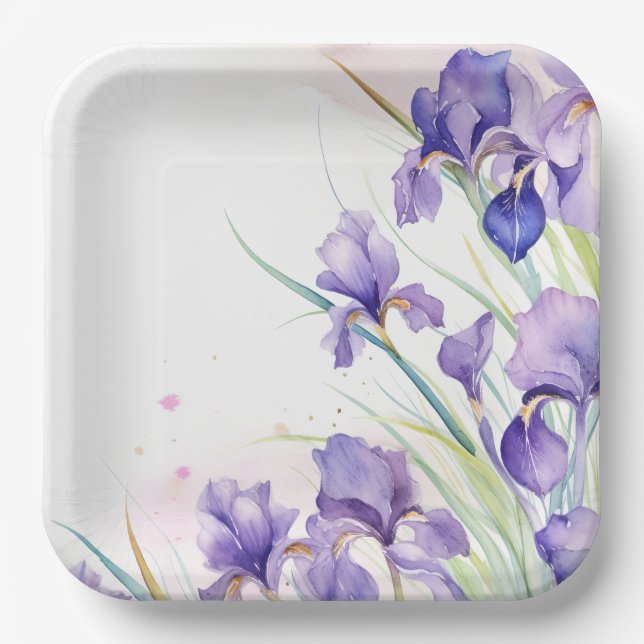 Purple Iris Border On White Paper Plate (Front)