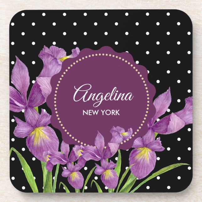 Purple Iris Botanical Black White Polka Dots Coaster (Front)
