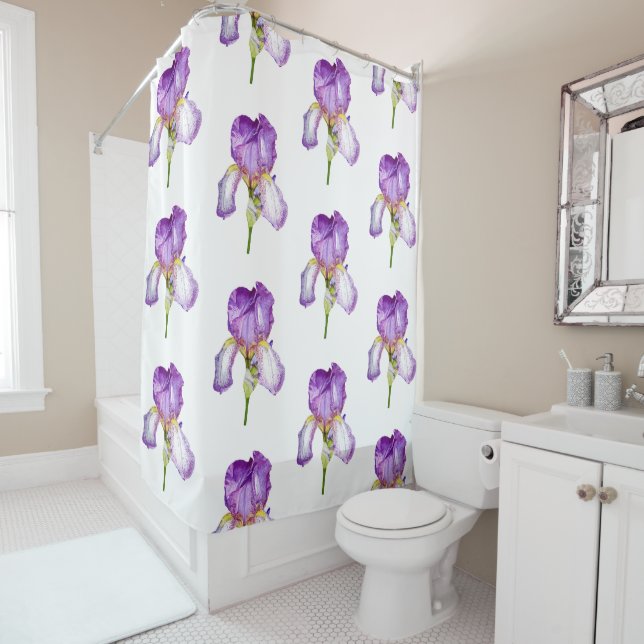 Purple Iris Botanical Floral Art Shower Curtain (In Situ)