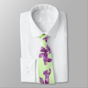 Purple Iris Botanical Floral Green Background Tie