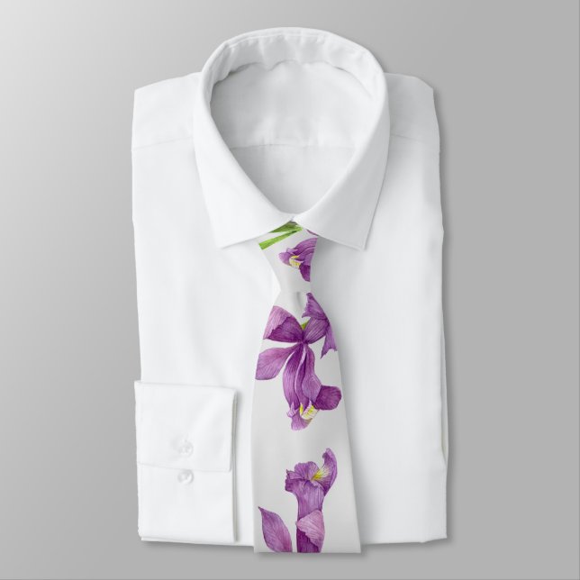 Purple Iris Botanical Floral Grey Background Tie (Tied)
