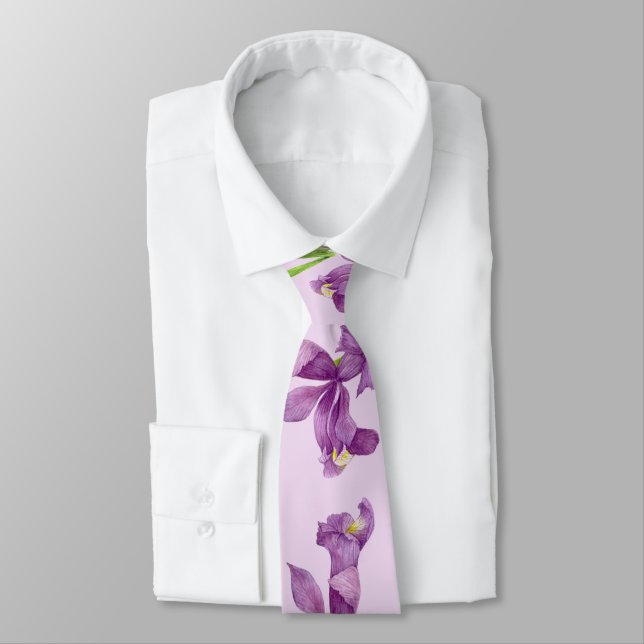 Purple Iris Botanical Floral Lavender Background Tie (Tied)