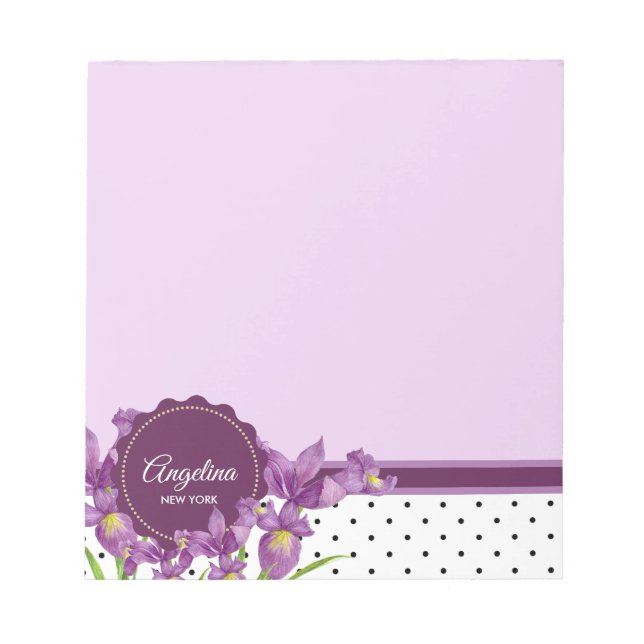 Purple Iris Botanical Floral Polka Dots Notepad (Front)