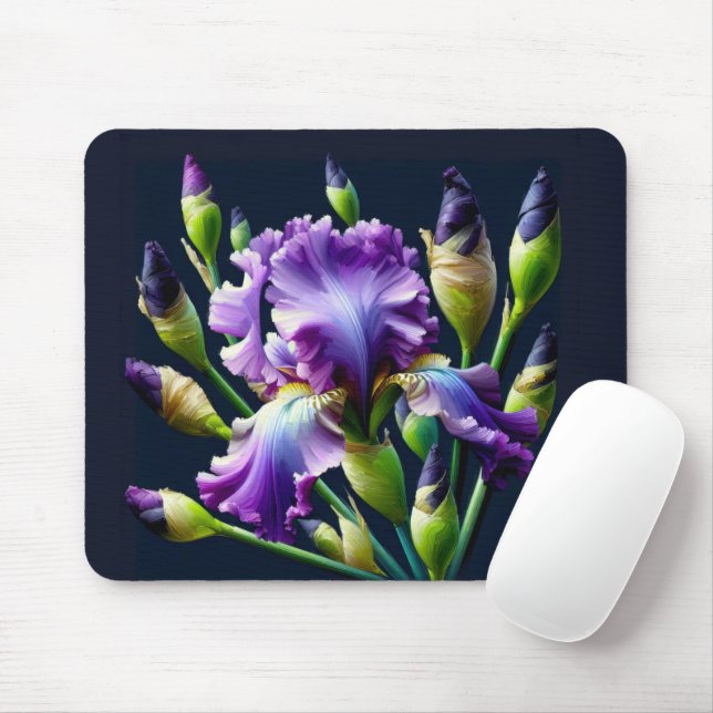 Purple Iris Bouquet On Black Mouse Mat (With Mouse)