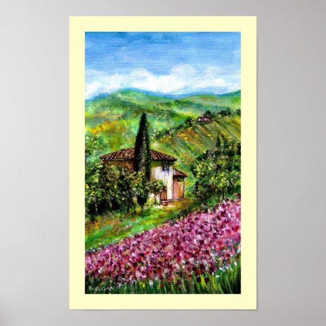 PURPLE IRIS FIELDS IN GREEN TUSCANY LANDSCAPE POSTER (Front)