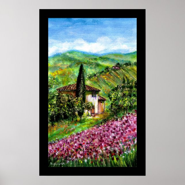 PURPLE IRIS FIELDS IN GREEN TUSCANY LANDSCAPE POSTER (Front)