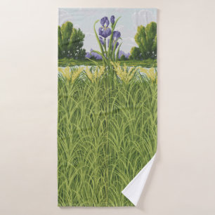 Purple Iris Flower and Green Field Vintage Art Bath Towel