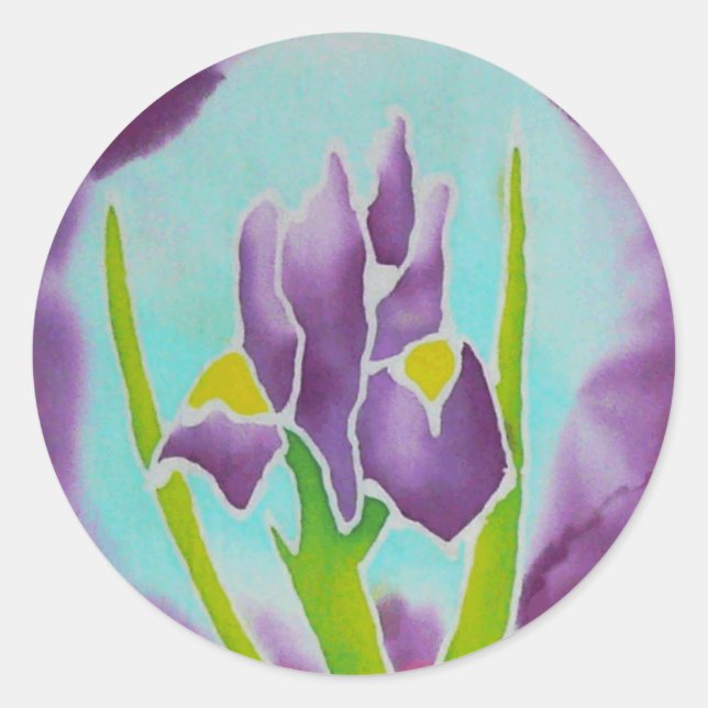 Purple Iris Flower Batik Art Classic Round Sticker (Front)