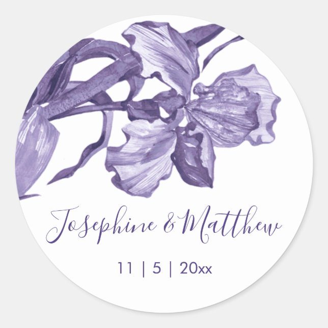 Purple Iris Flower Wedding Classic Round Sticker (Front)