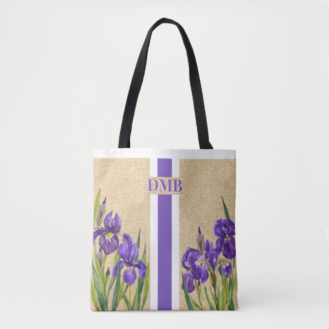 Purple Iris Flowers Monogram Faux Burlap Jute Tote Bag (Front)