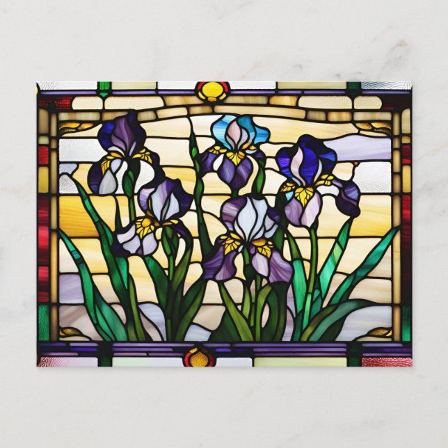 Purple Iris Flowers Stained Glass Postcard (Front)