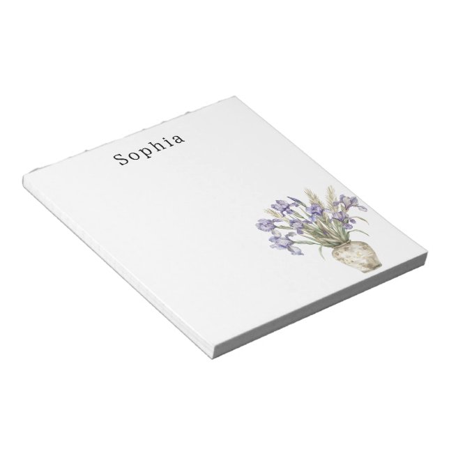 Purple Iris Flowers Vase Personalised Name Notepad (Angled)