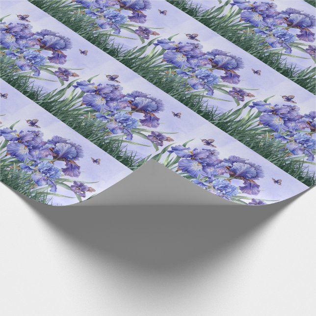 Purple Iris Garden with Butterflies Botanical Wrapping Paper (Corner)