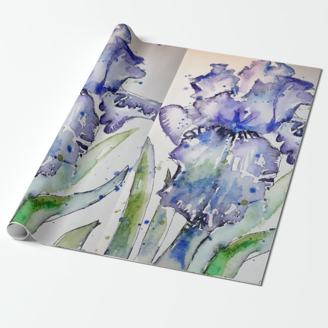 Purple Iris irises flowers Watercolor Wrapping Wrapping Paper (Unrolled)