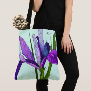 Purple Iris on Mint, Personalised Floral Tote Bag