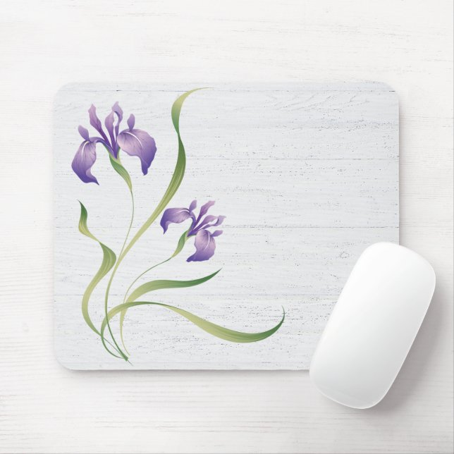 Purple Iris On Wood Mouse Mat (With Mouse)