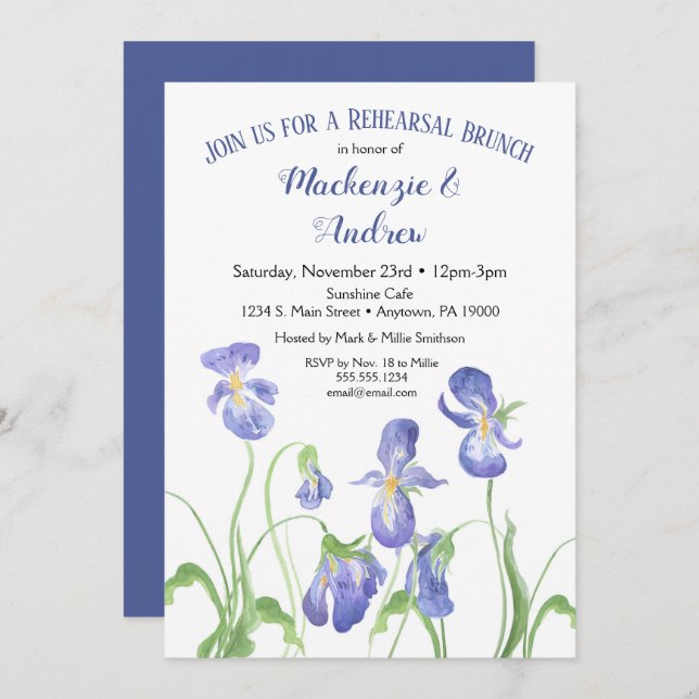 Purple Iris Rehearsal Brunch Invitation (Front/Back)