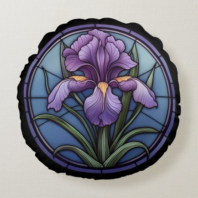 Purple Iris Stained Glass Round Cushion (Front)