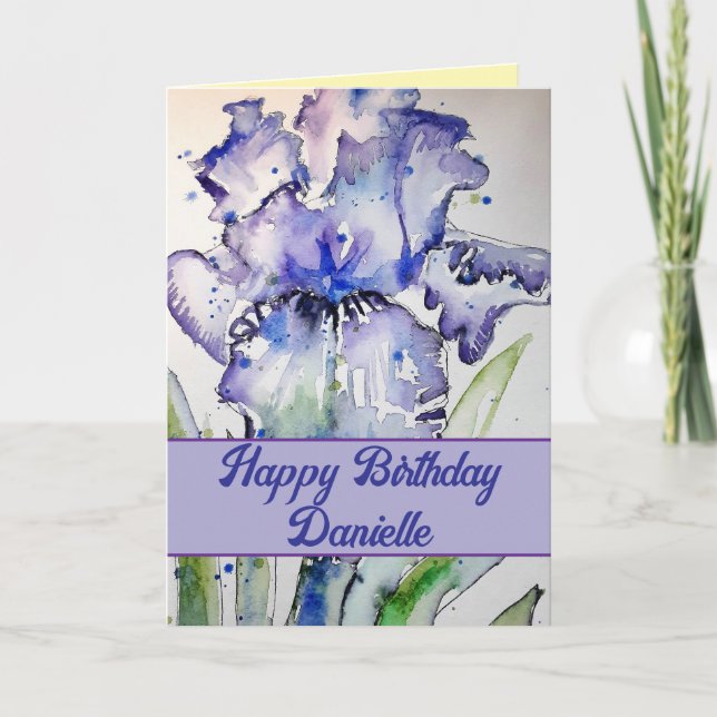 Purple Iris Watercolor Flower Floral Birthday Card (Front)