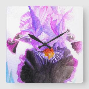 Purple Iris Watercolor Flower Floral Birthday Square Wall Clock