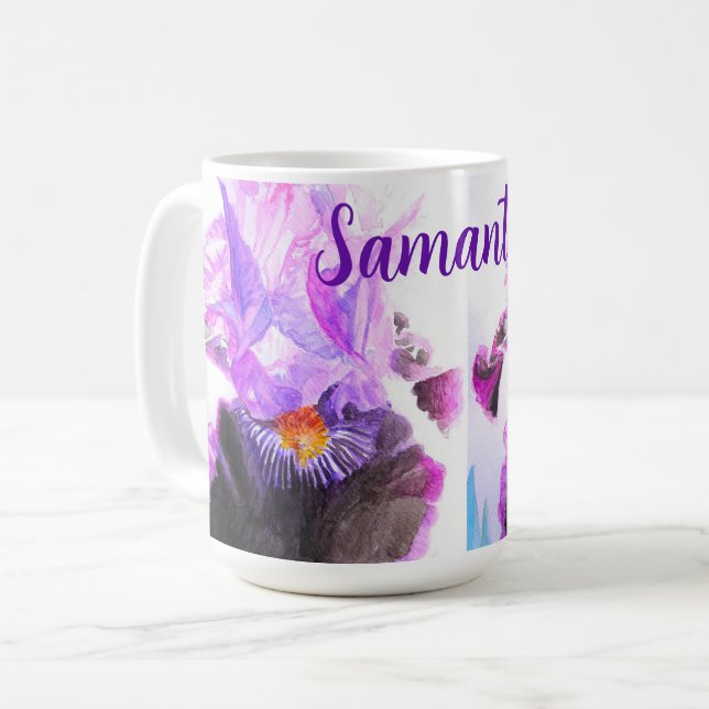 Purple Iris Watercolor Flower Floral Painting Coffee Mug (Front Left)