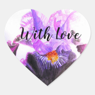 Purple Iris Watercolor Flower Floral With love Heart Sticker