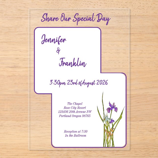 Purple Iris Watercolor Wedding Acrylic Invitations (Front)
