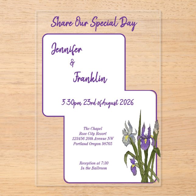 Purple Iris Watercolor Wedding Acrylic Invitations (Front)