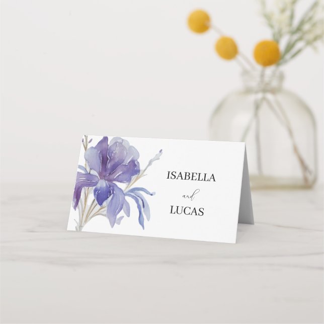 Purple Iris Watercolor Wedding  Place Card (Front)